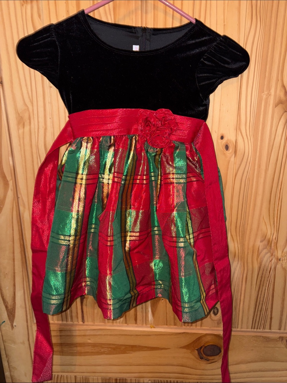 Bonnie Jean Black Velvet Top Red Green Plaid Holiday Dress with Sash